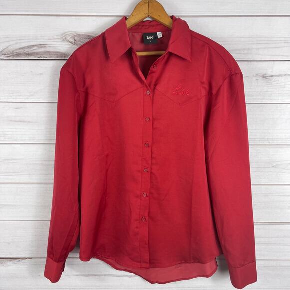 ANTHROPOLOGIE LEE Embroidered Red Satin Feel Button Down Long Sleeve Small - Picture 2 of 9